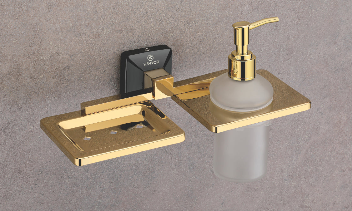 SOAP DISH WITH LIQUID HOLDER KBA 10110 PVD GOLD WITH BLACK FINISH by Kavyor