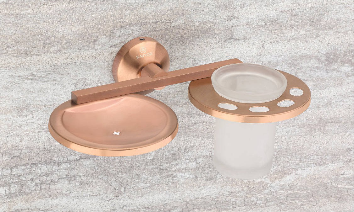 SOAP DISH WITH TUMBLER HOLDER KBA 60809 PVD ROSE GOLD SATIN FINISH