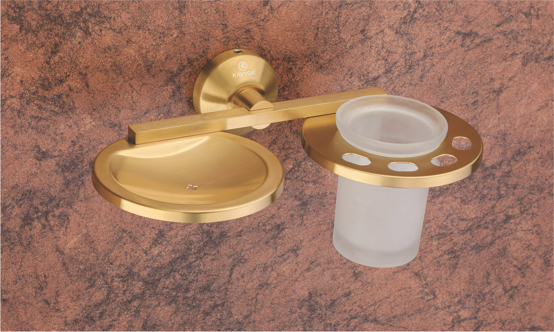 SOAP DISH WITH TUMBLER HOLDER KBA 60809 PVD GOLD SATIN FINISH