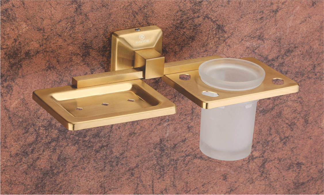 SOAP DISH WITH TUMBLER HOLDER KBA 60709 PVD GOLD SATIN FINISH