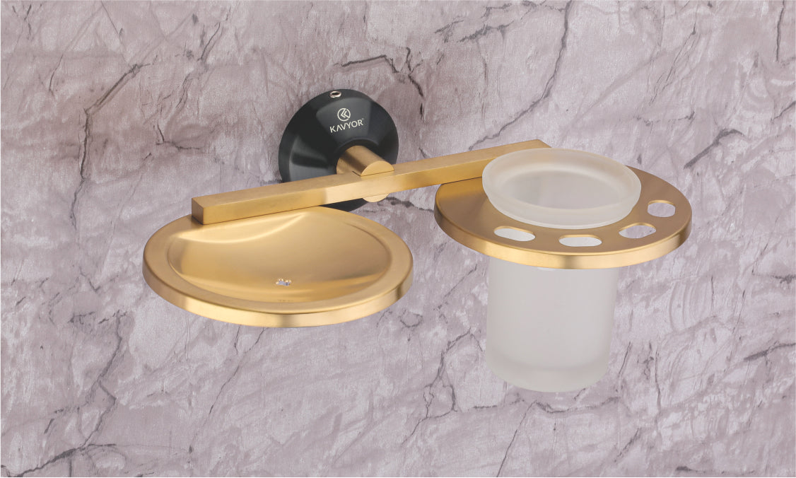 SOAP DISH WITH TUMBLER HOLDER KBA 60809 PVD GOLD AND BLACK SATIN FINISH